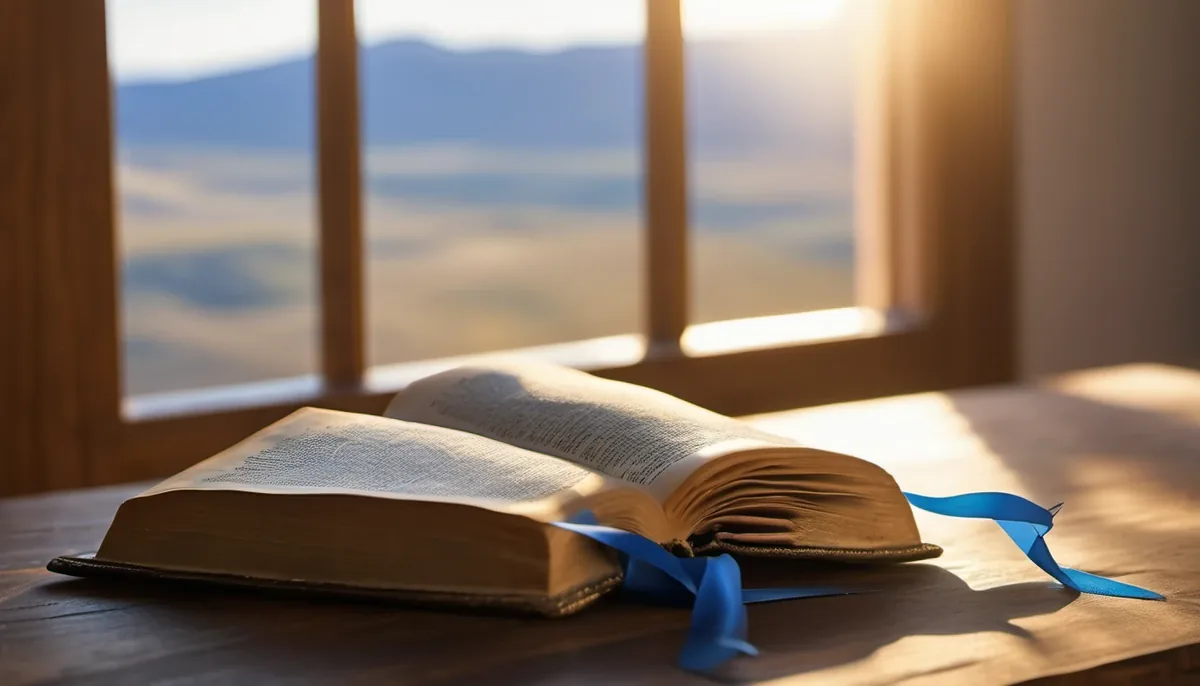 An open Bible on a desk in warm morning light